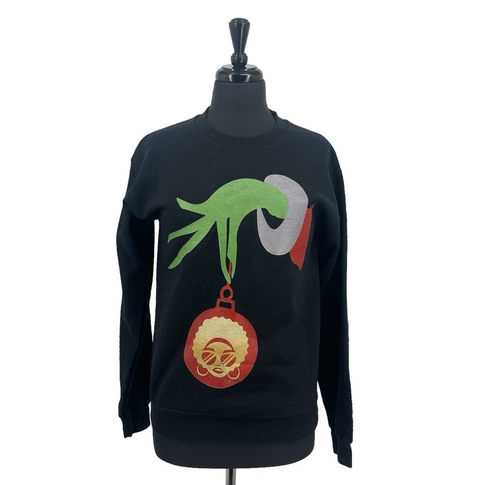 Graphic Grinch Hand Ornament Christmas Black Women’s Sweatshirt Size Small S